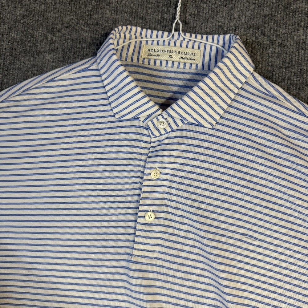 Holderness Bourne Polo Shirt Men Extra Large Blue White Striped Golf Performance